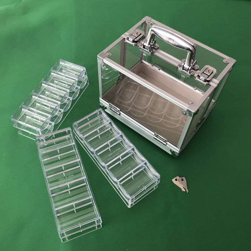 Clear acrylic poker chip carrier with removed divider trays and hinged lid