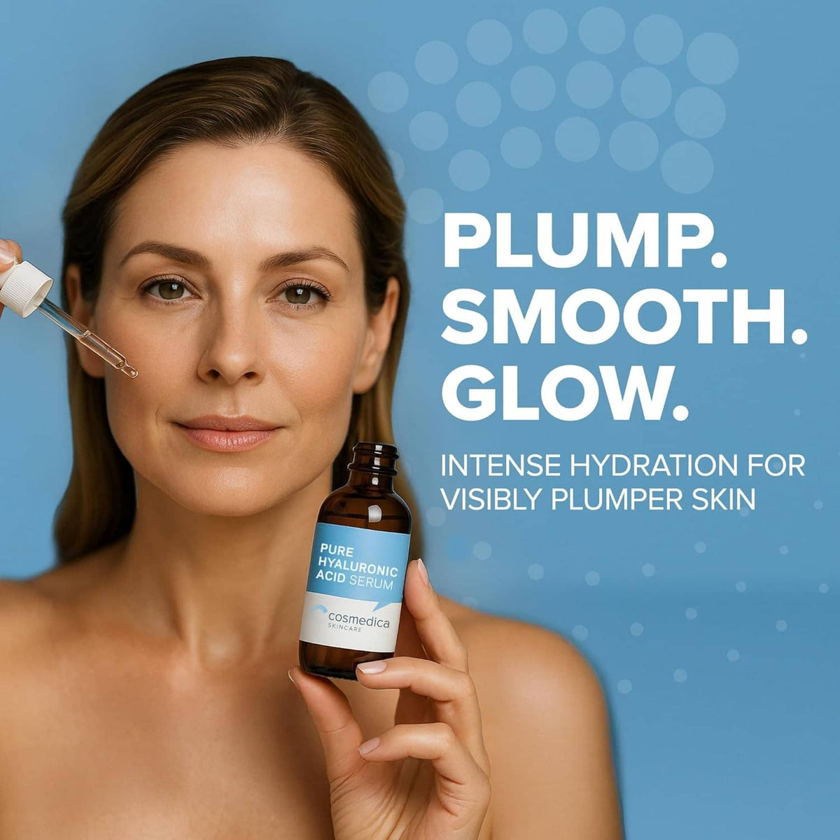 Hyaluronic acid serum bottle held by hand with dropper tip near face