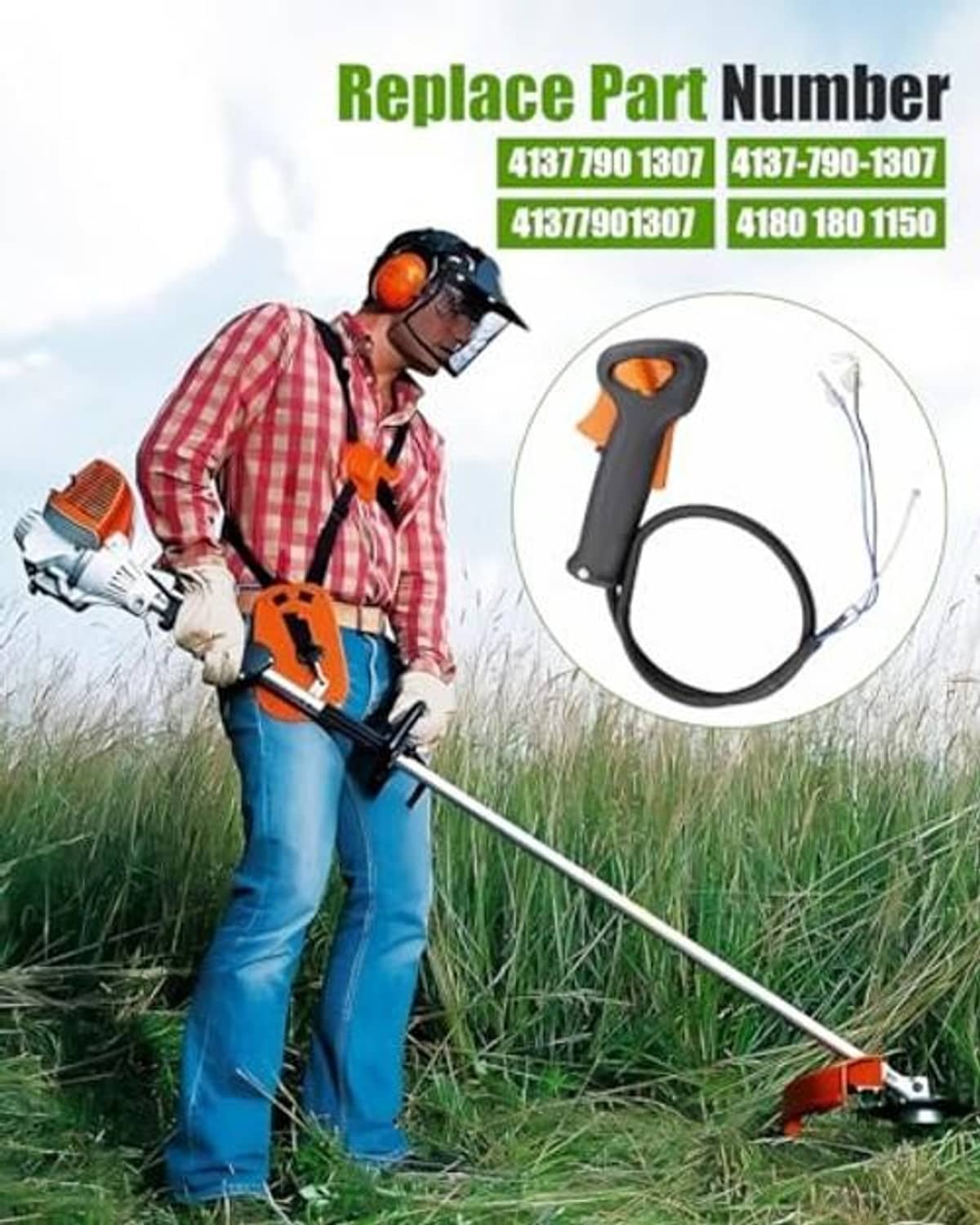 Throttle handle assembly on grass trimmer, black cable with orange trigger accents