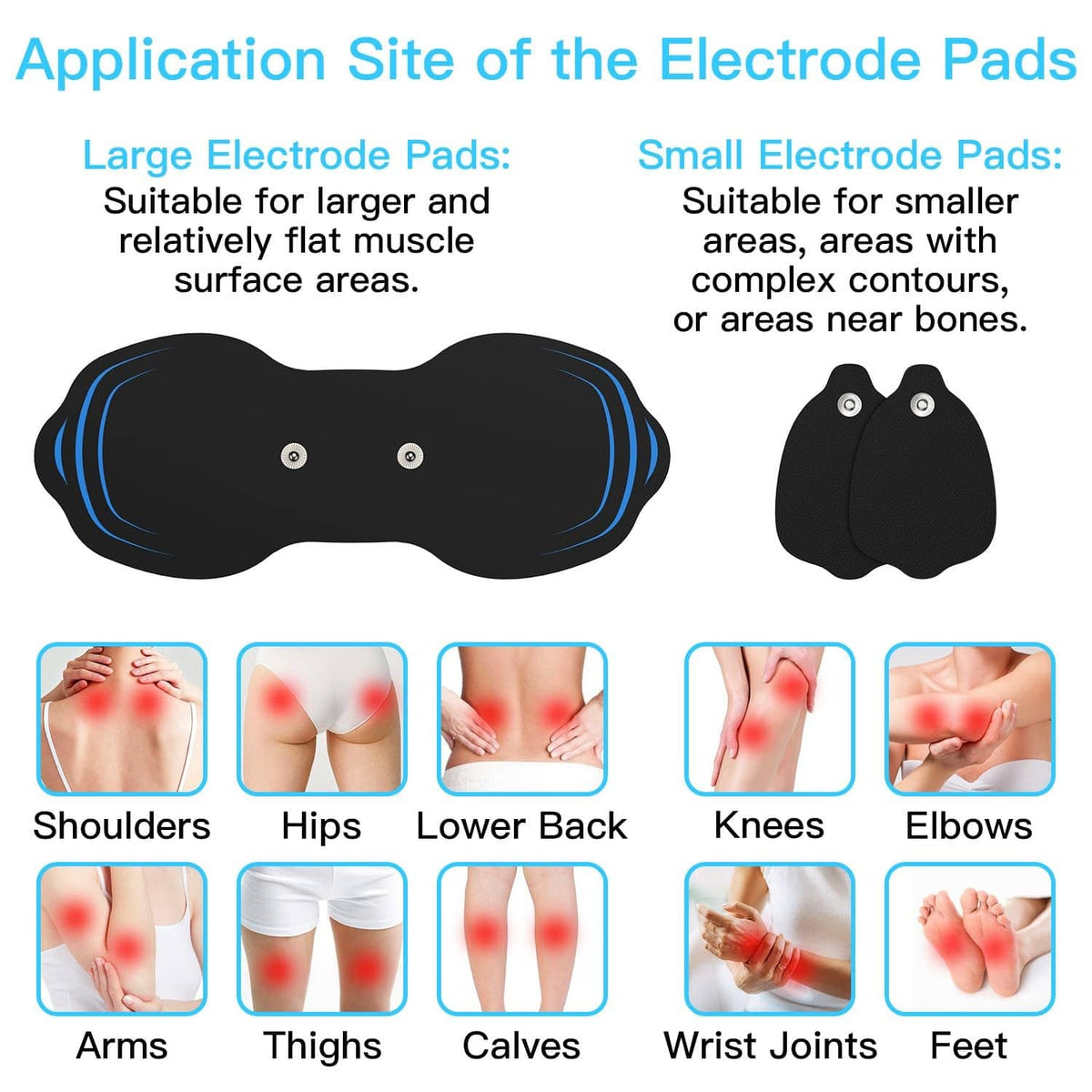 Electrode pad shapes for use areas, large and small black adhesive pads