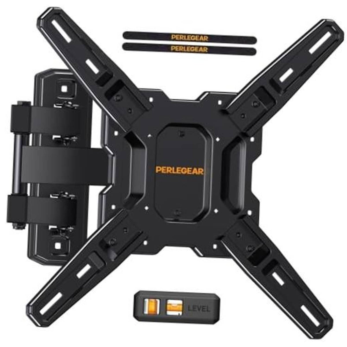 Black full-motion TV wall mount bracket with PERLEGEAR logo, multi-arm support plate