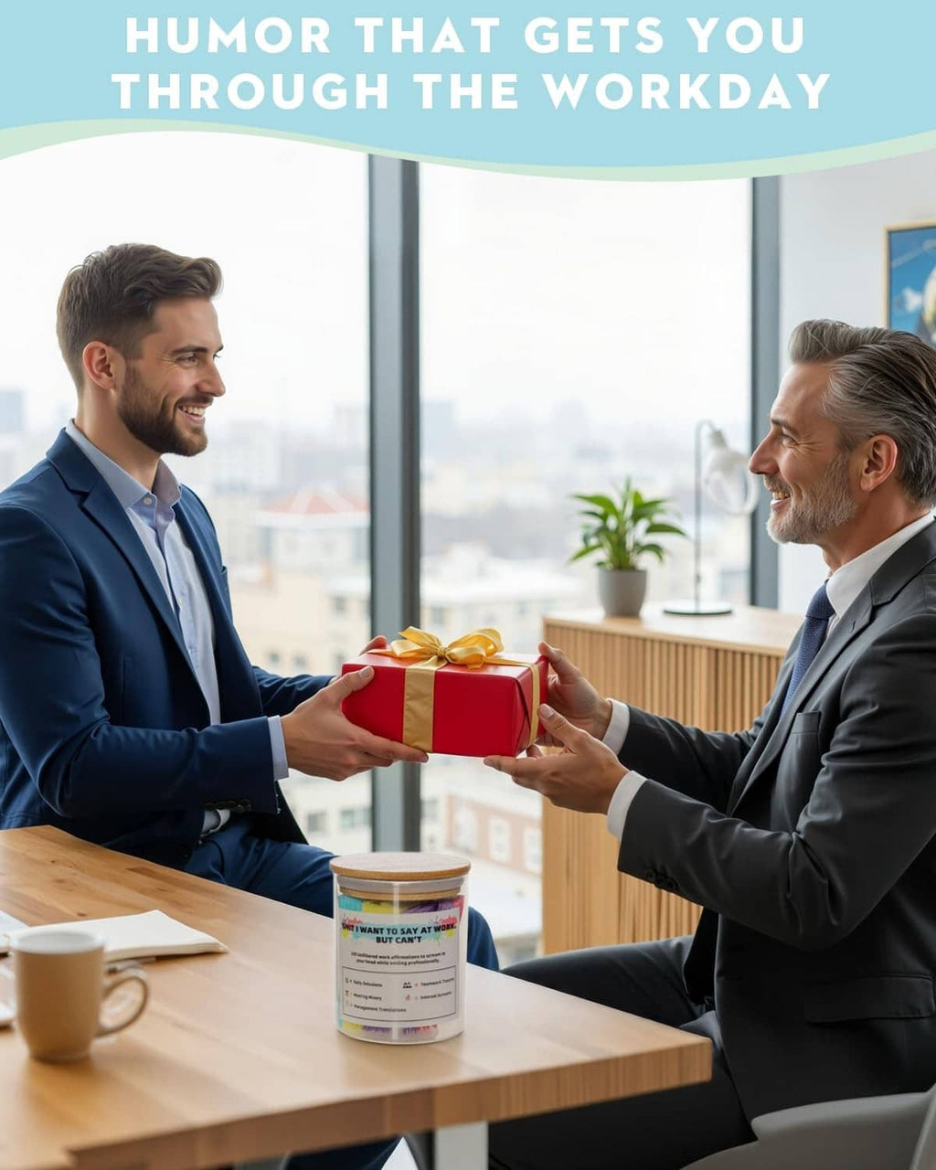 Glass affirmation jar with wood lid on a desk as coworkers exchange a gift
