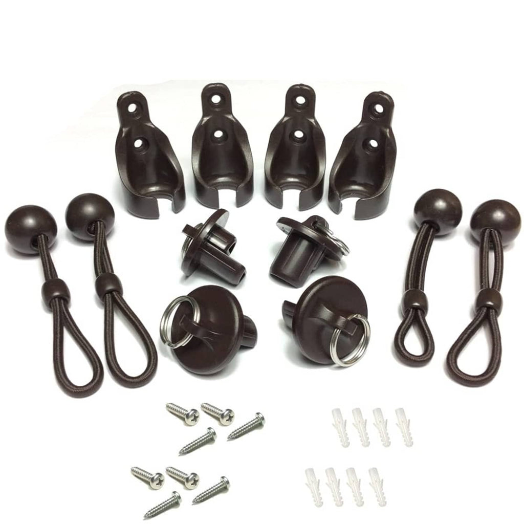 Brown bungee shade end caps with grommet clips, elastic cords, screws and fasteners