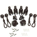 Brown bungee shade end caps with grommet clips, elastic cords, screws and fasteners