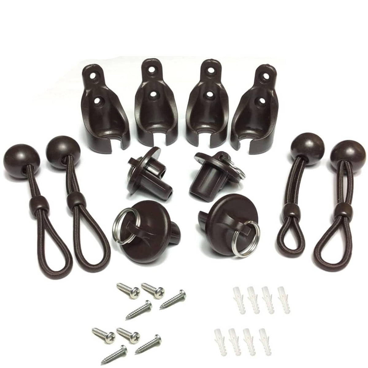 Brown bungee shade end caps with grommet clips, elastic cords, screws and fasteners