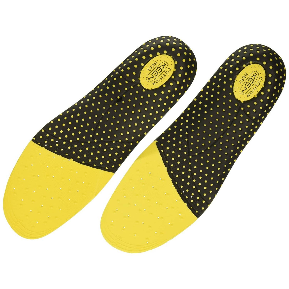 Yellow and black insoles with dotted top layer and rounded heel patch