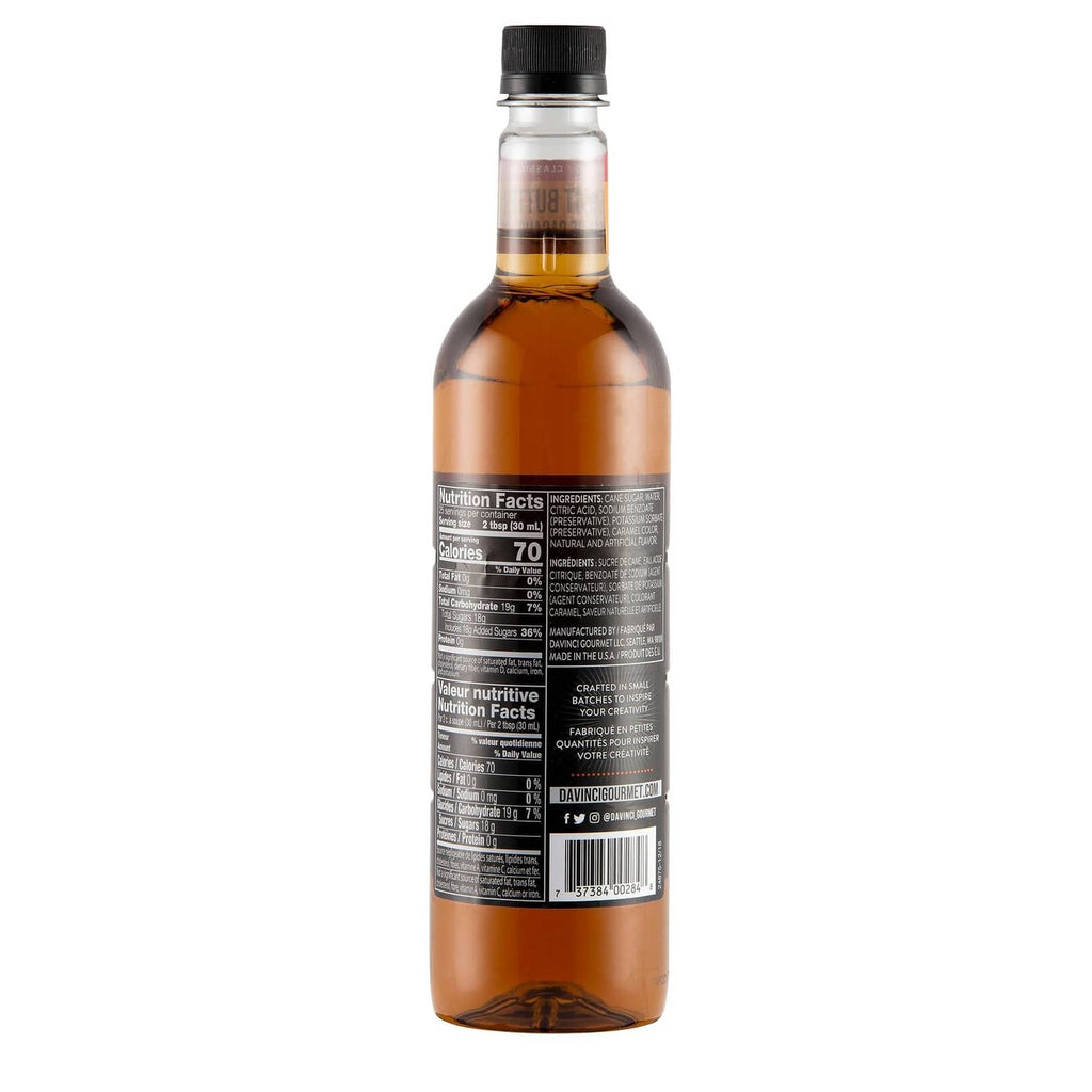 Peanut butter syrup bottle back label view with nutrition and barcode area