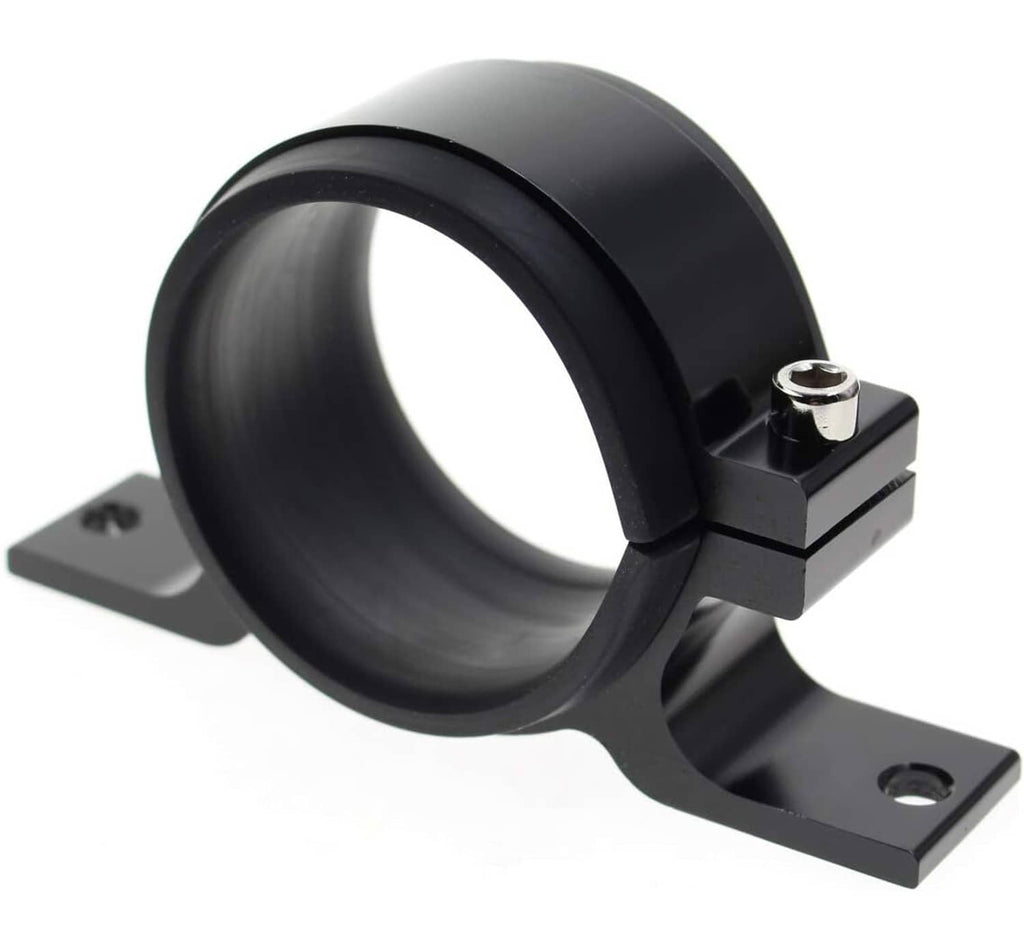 Black external fuel pump bracket clamp with mounting base and metal bolt hardware