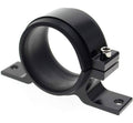 Black external fuel pump bracket clamp with mounting base and metal bolt hardware