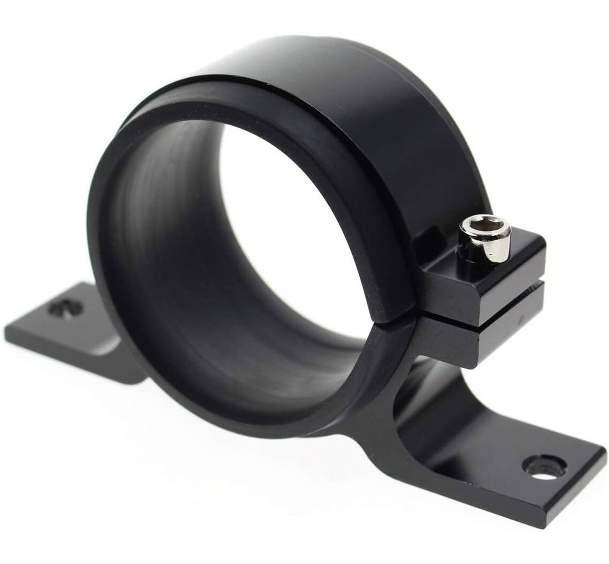 Black external fuel pump bracket clamp with mounting base and metal bolt hardware