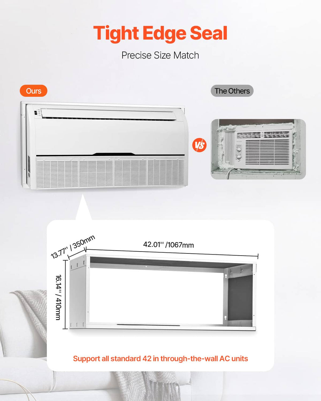 White through-the-wall AC sleeve with tight edge seal around the opening