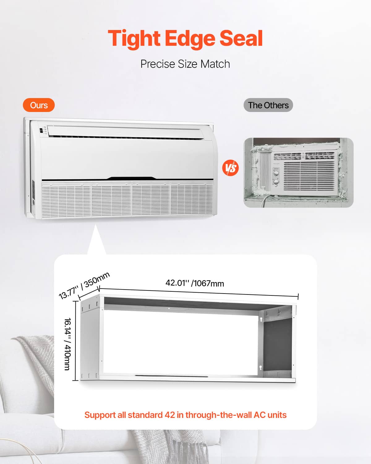 White through-the-wall AC sleeve with tight edge seal around the opening