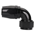 Black 90-degree swivel AN hose end fitting with full-flow elbow and mounting collar