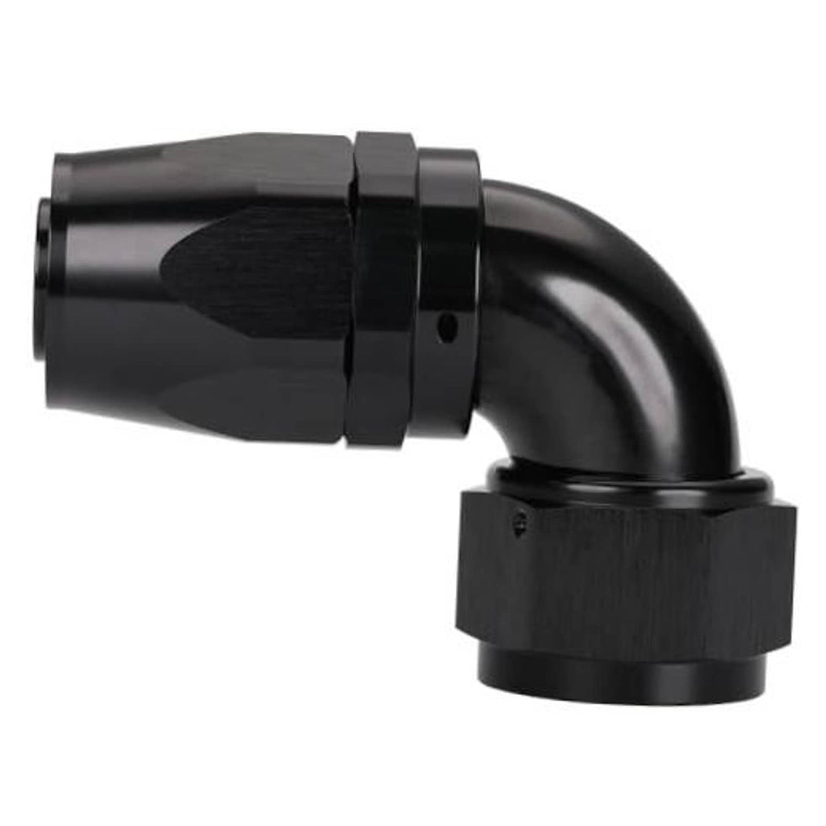 Black 90-degree swivel AN hose end fitting with full-flow elbow and mounting collar
