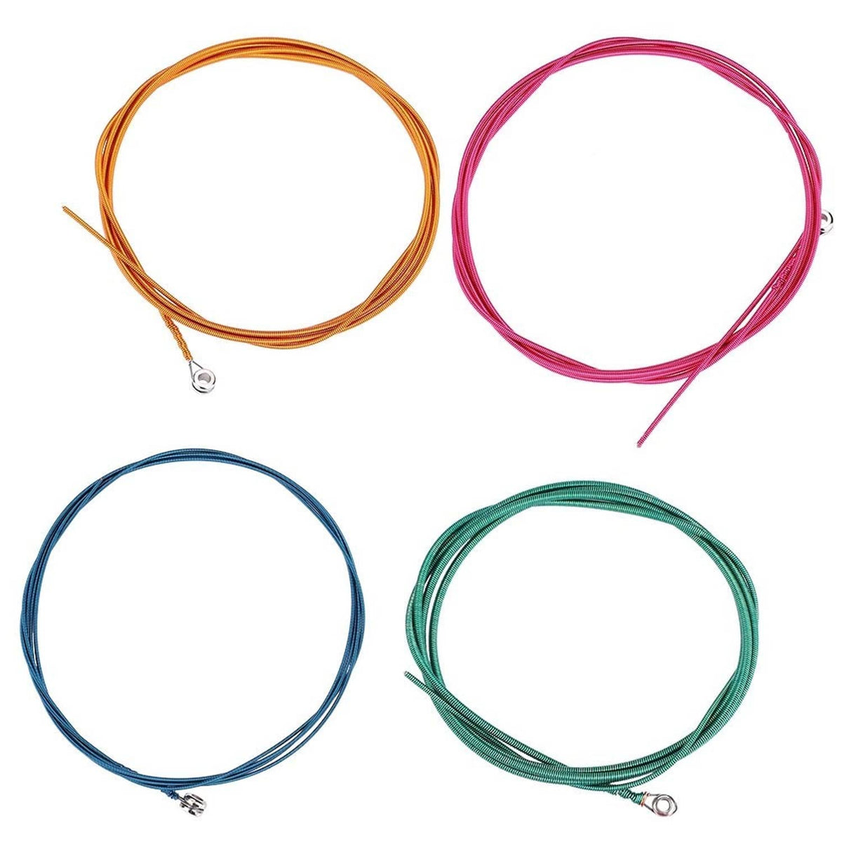 Four coiled steel bass string sets in orange, pink, blue, and green with metal ends