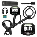 Black metal detector kit with control screen, shaft, circular search coil, headphones, carry bag