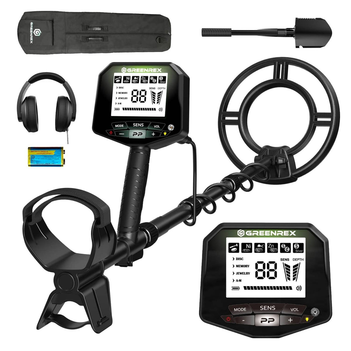 Black metal detector kit with control screen, shaft, circular search coil, headphones, carry bag