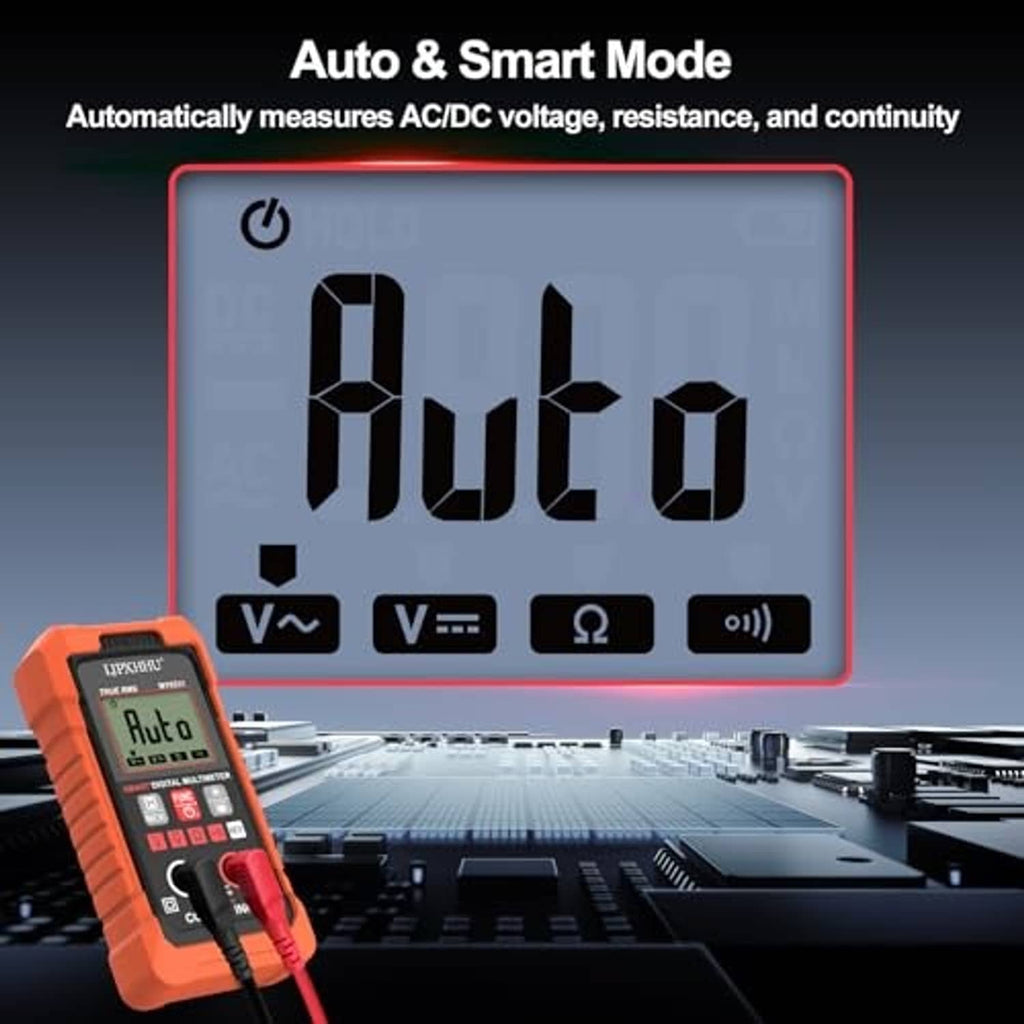 Orange digital multimeter showing auto mode on a large backlit display