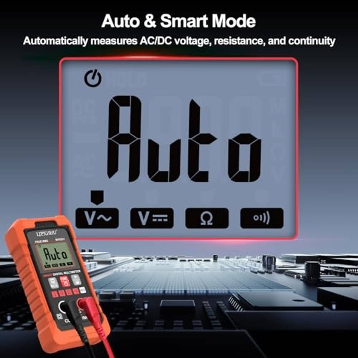 Orange digital multimeter showing auto mode on a large backlit display