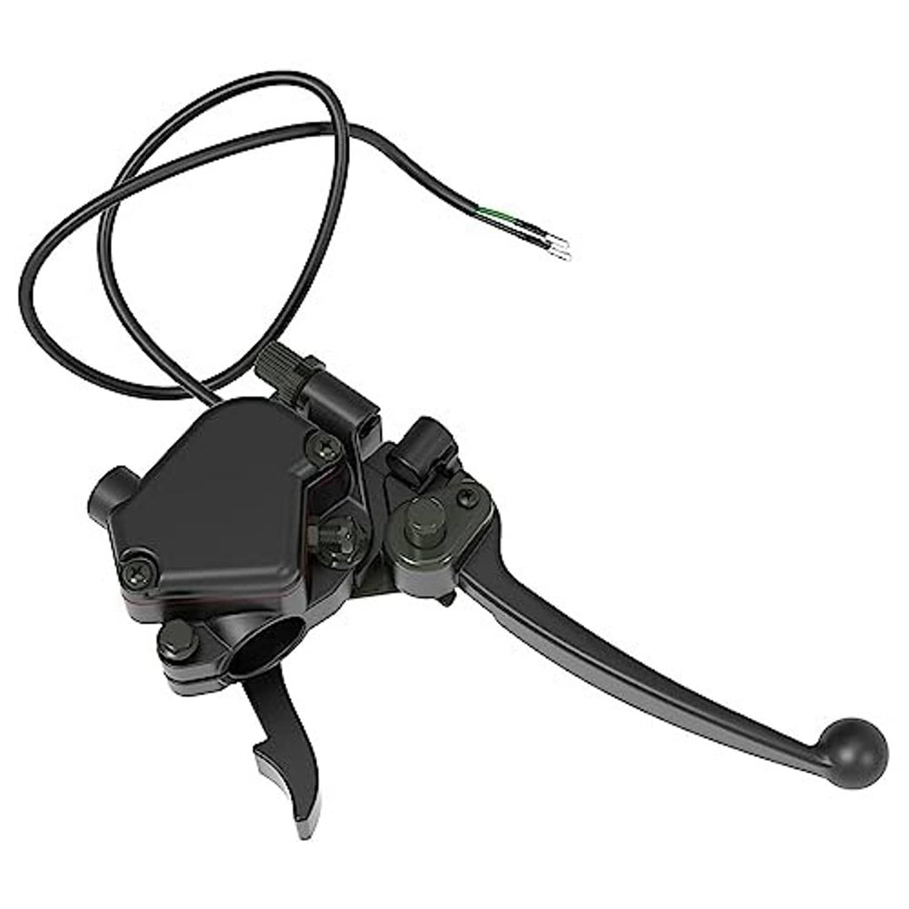 Black dual brake lever thumb throttle with lever bar and wiring harness cable.