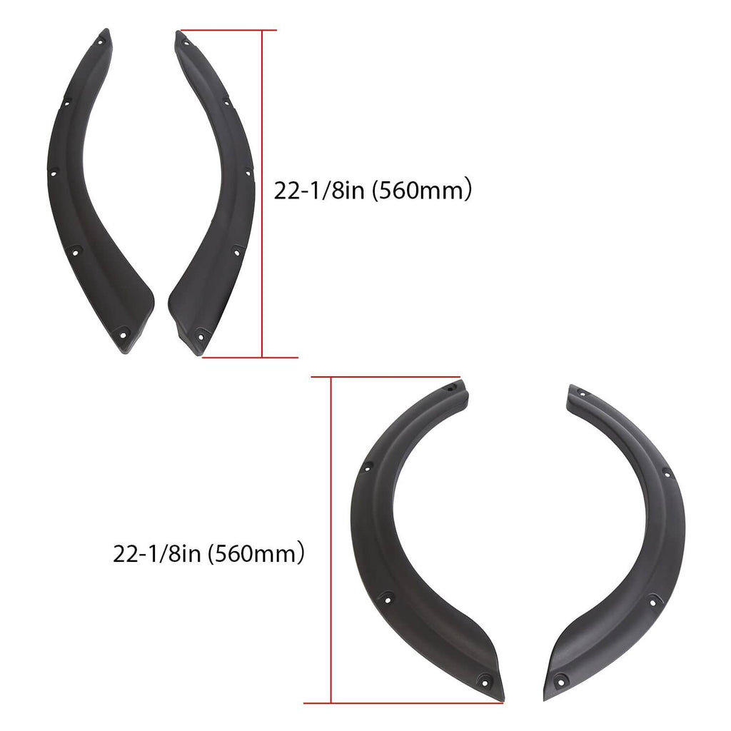Golf cart fender flare pair, black plastic with screw holes; includes size 22-1/8 in
