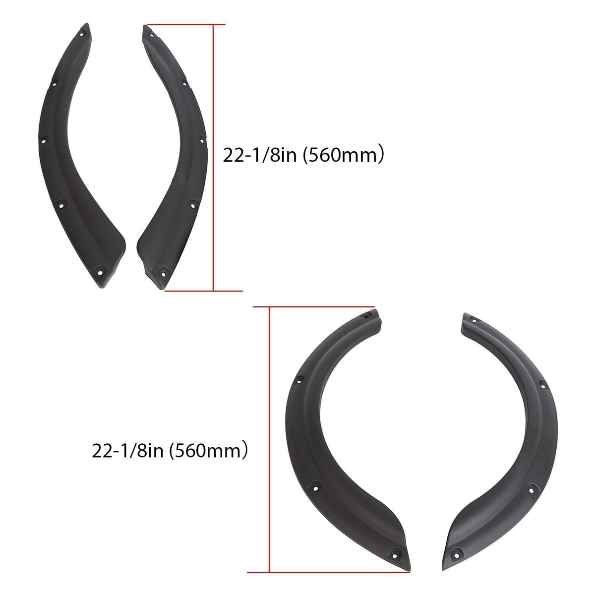 Golf cart fender flare pair, black plastic with screw holes; includes size 22-1/8 in
