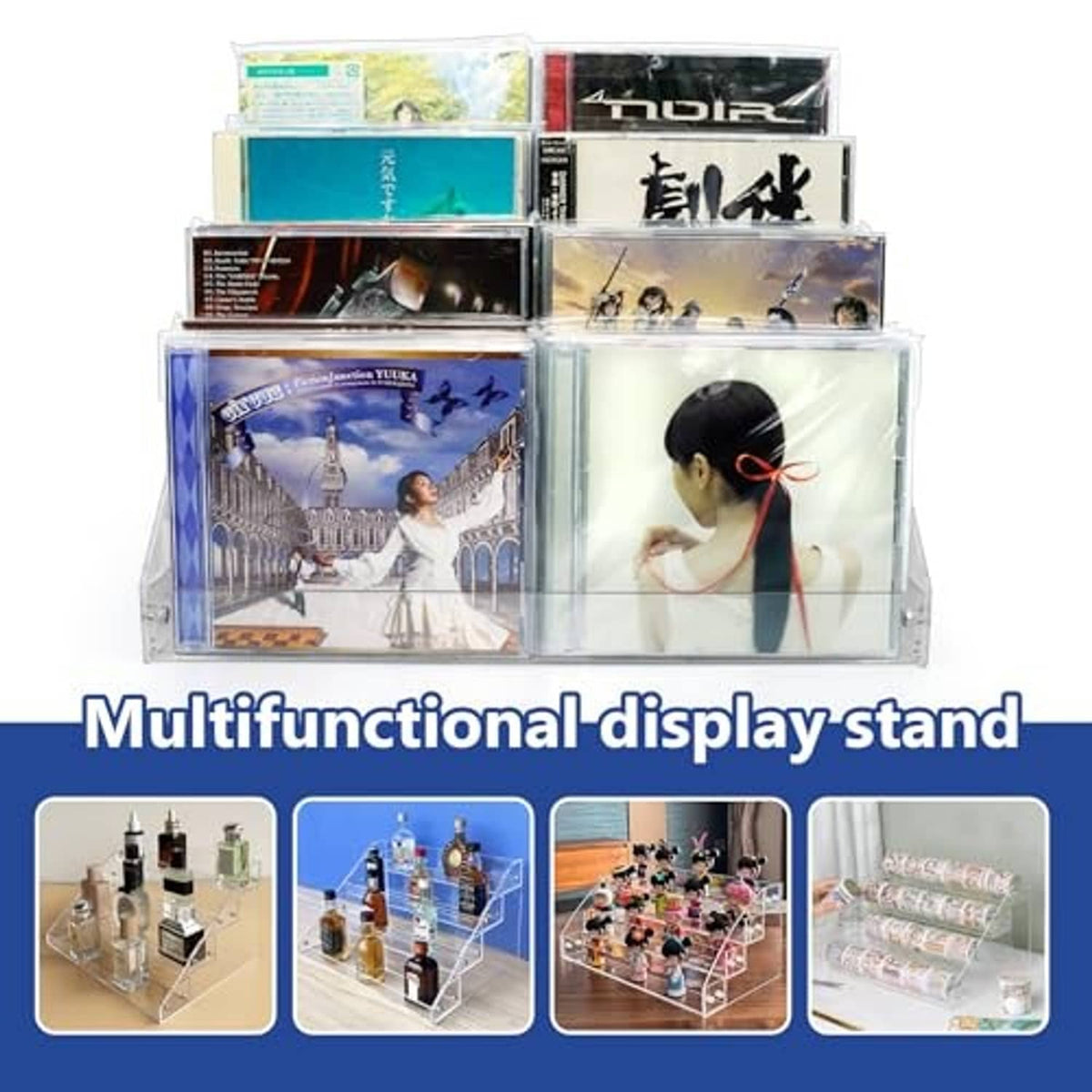 Clear acrylic 4-tier CD/DVD holder with multiple CDs and transparent side walls