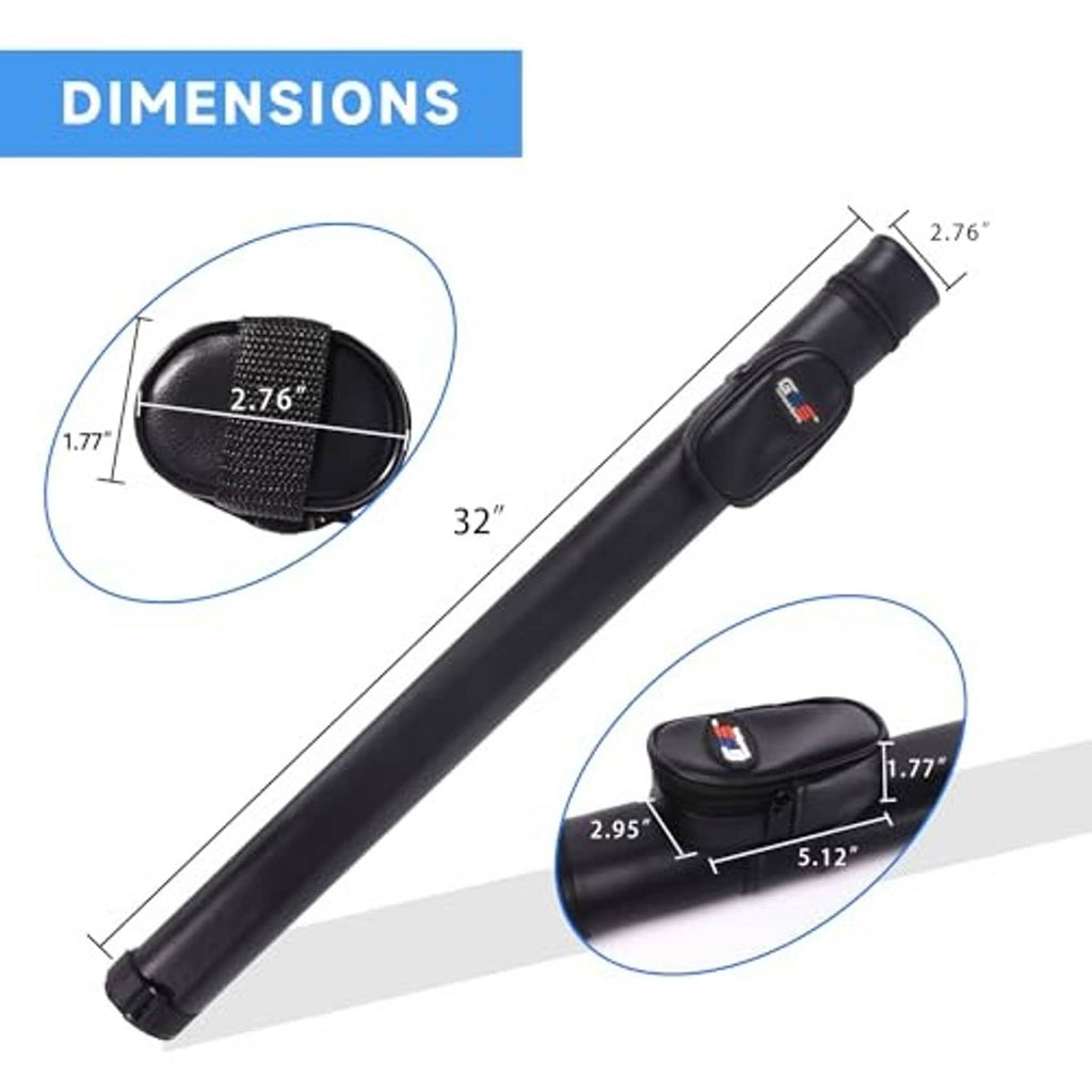 Black 1x1 hard billiard cue case with zipper pocket and end-cap sizing markers