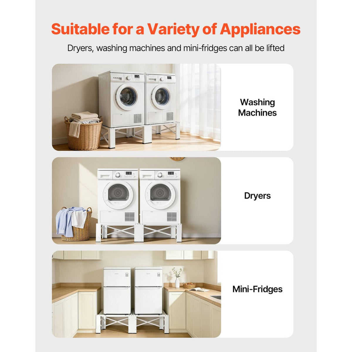 White appliance lift pedestal frame for laundry machines, with four legs and braces