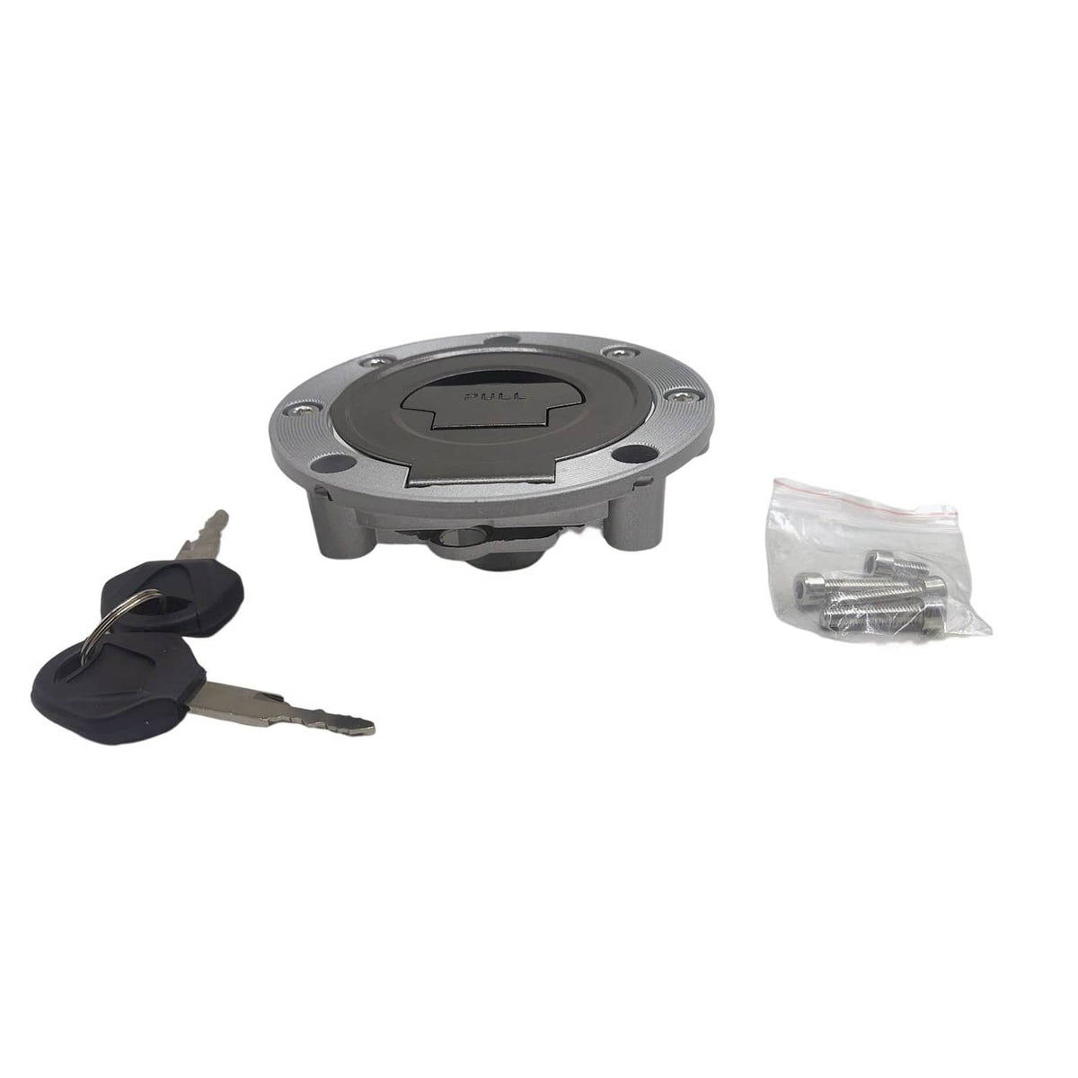 Fuel tank cap cover, round metal top with pull slot, includes keys and hardware