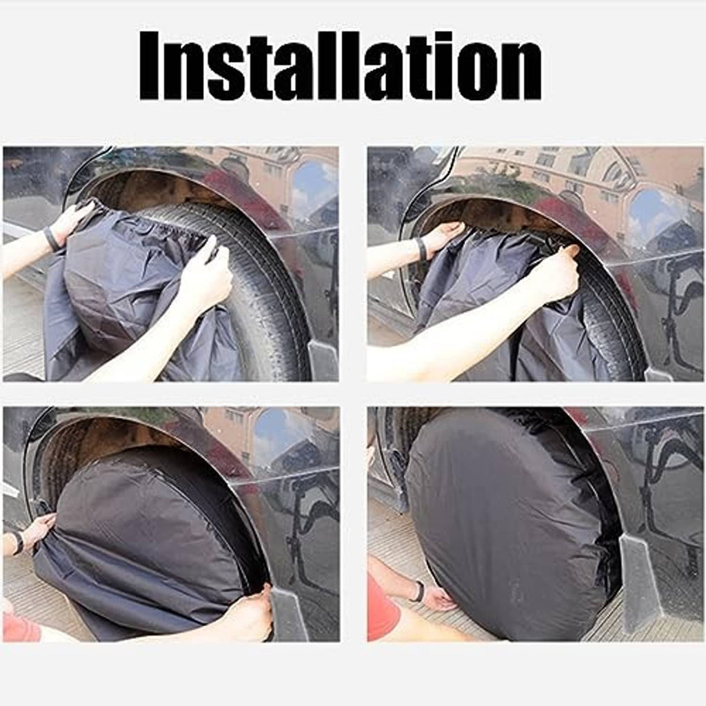 Black tire cover installation showing elastic opening fitting over a wheel