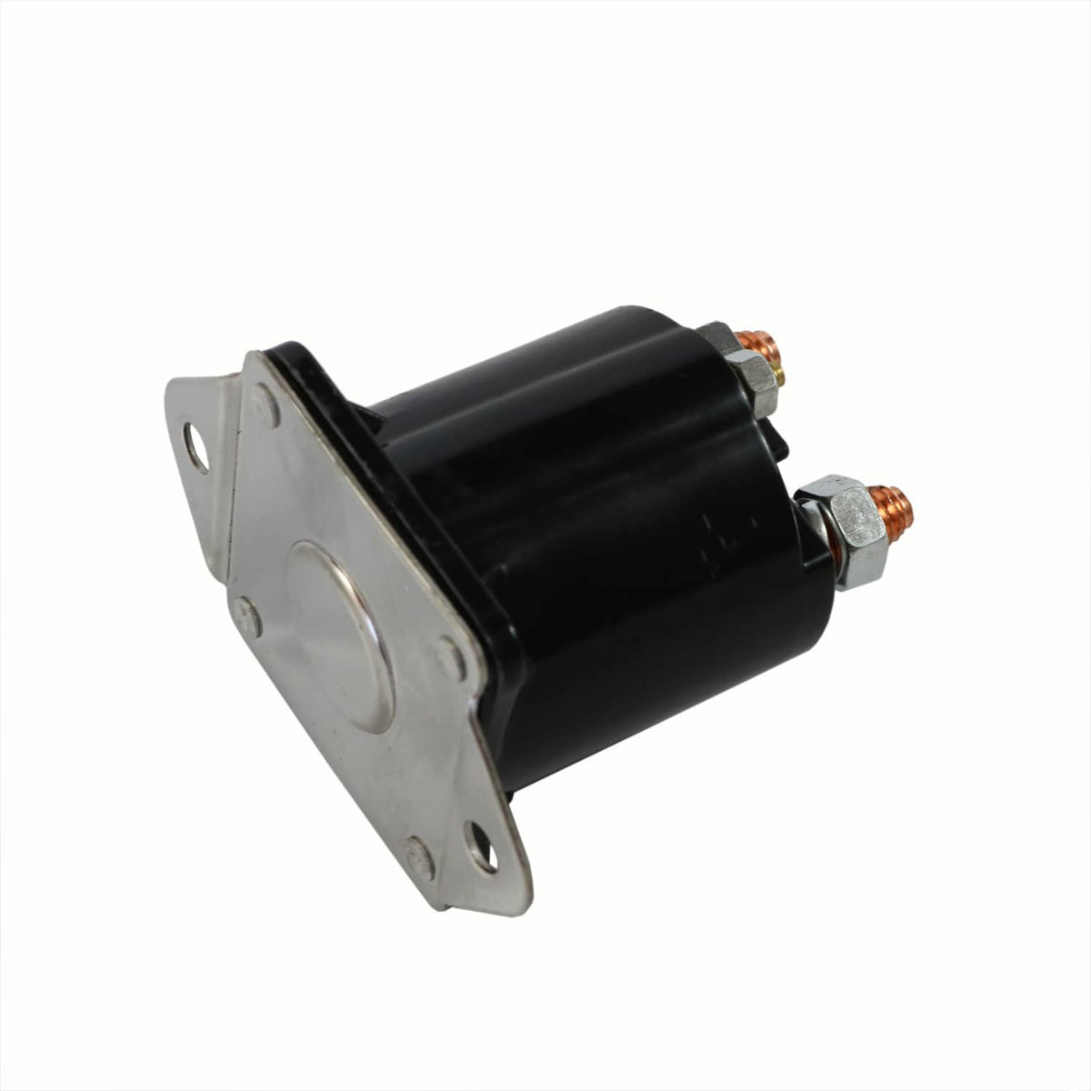 Black cylindrical solenoid with metal flange mount and copper electrical terminals