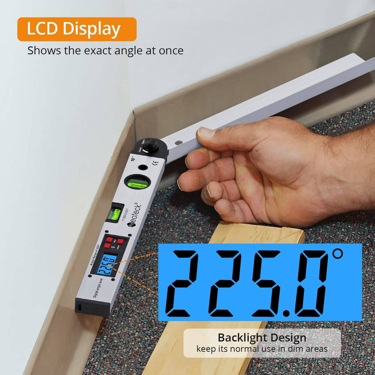 Aluminum digital angle finder with LCD backlight showing large angle reading