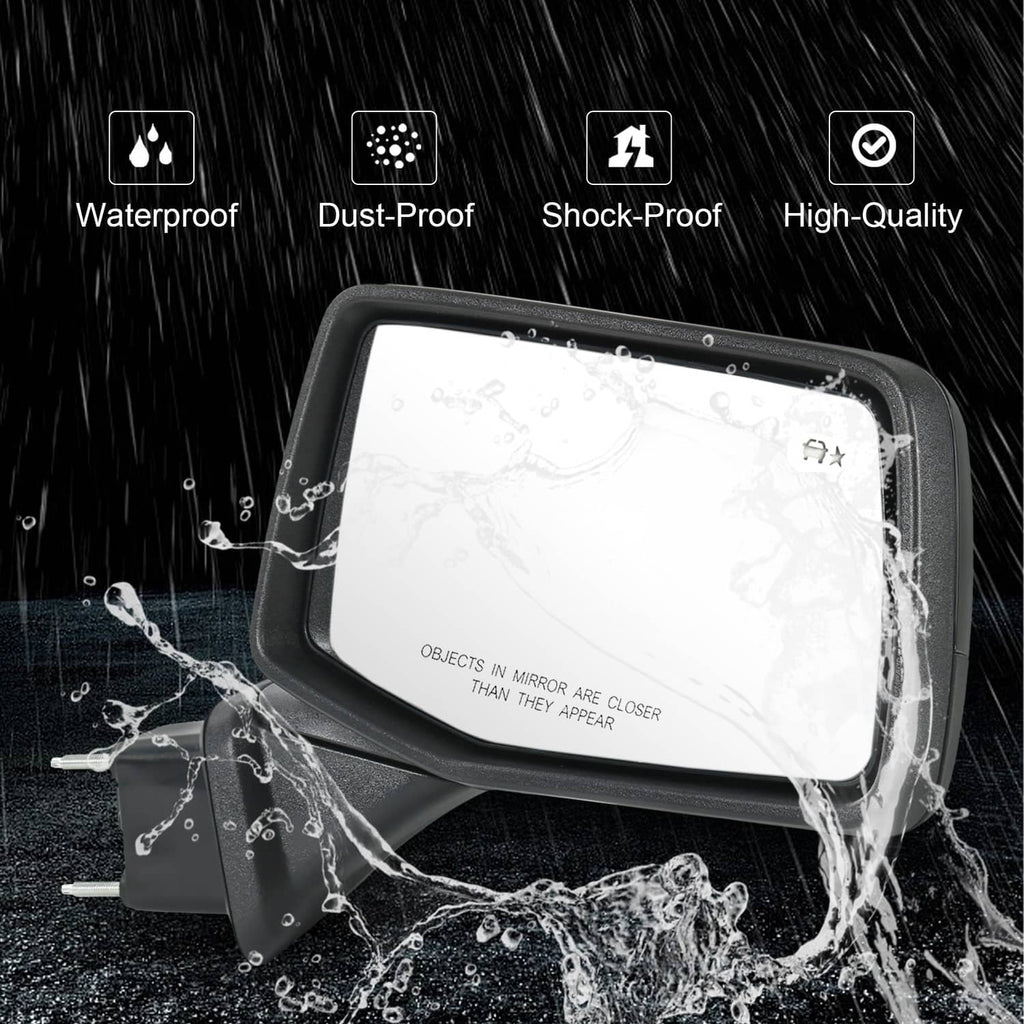 Black passenger side door mirror with clear glass, water-splash droplets on surface