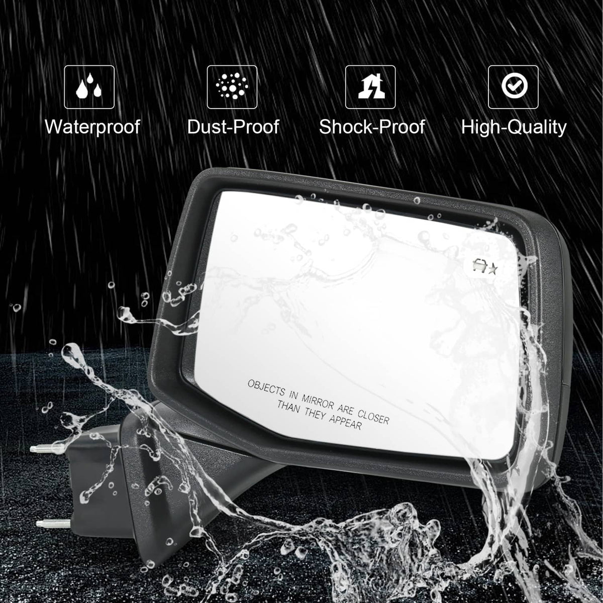 Black passenger side door mirror with clear glass, water-splash droplets on surface