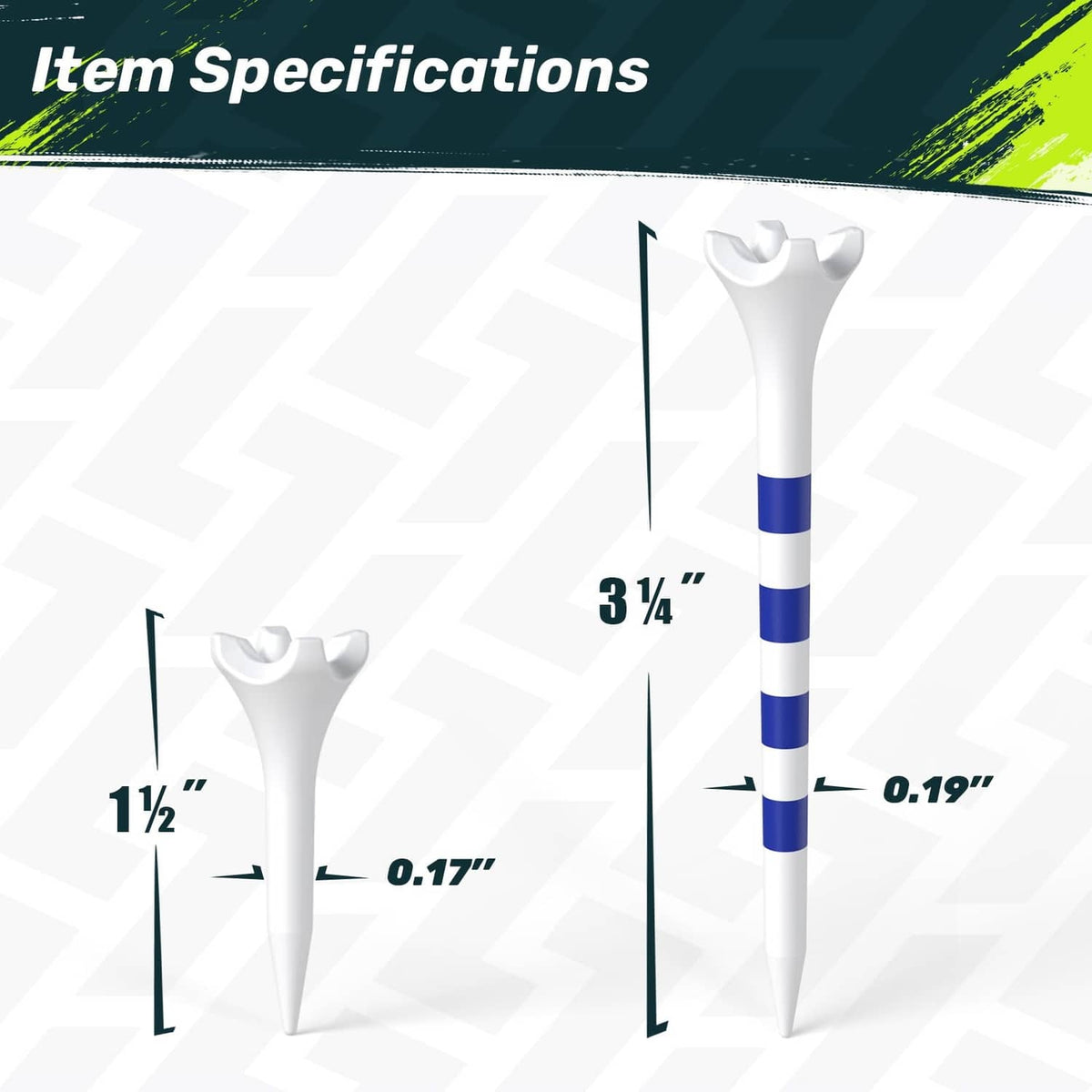 SAPLIZE golf tee size chart showing 1-1/2 in and 3-1/4 in; blue-shafted tees