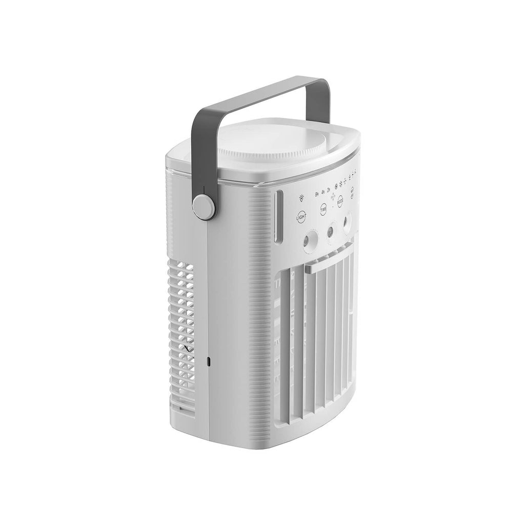 Portable evaporative air cooler with top water tank and carry handle, white with dark trim