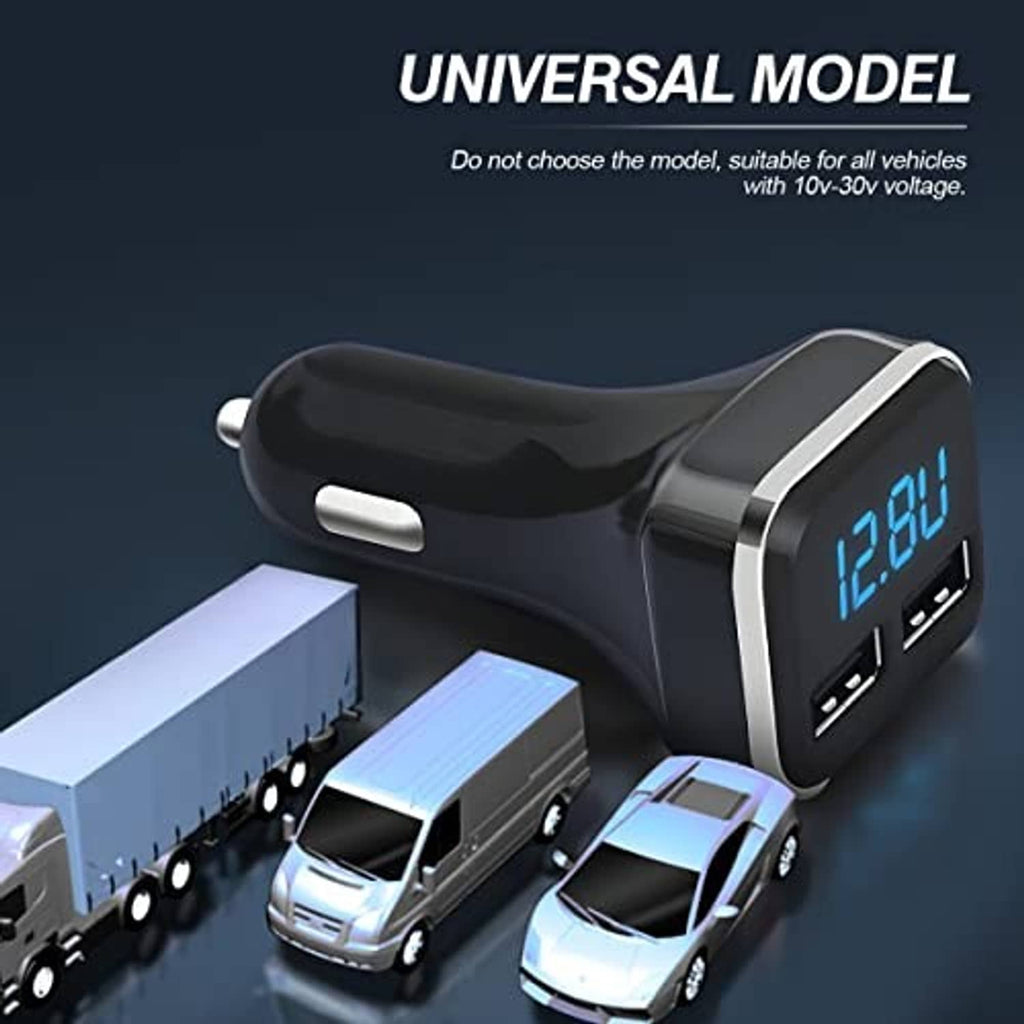 Universal dual USB car charger with blue LED voltage meter and two USB outputs