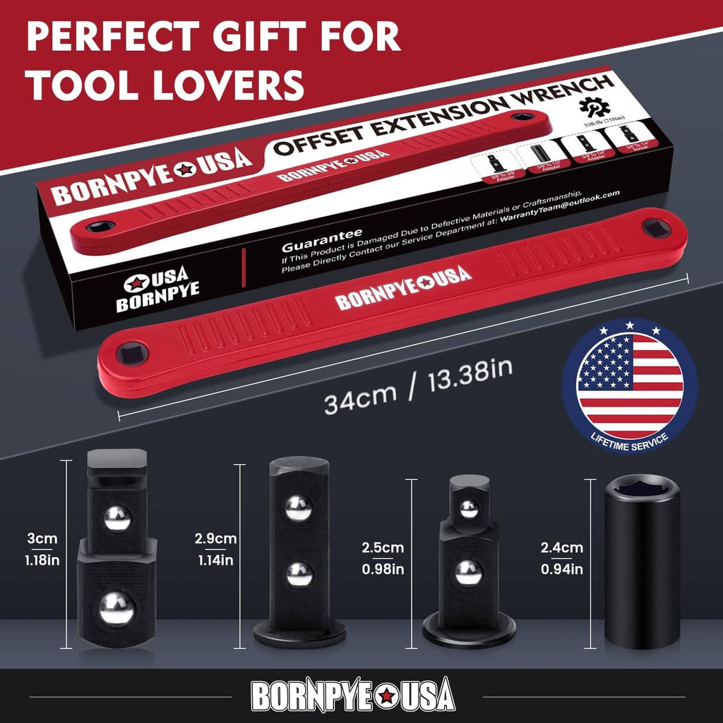 Red offset extension wrench and socket adapters displayed on retail box.