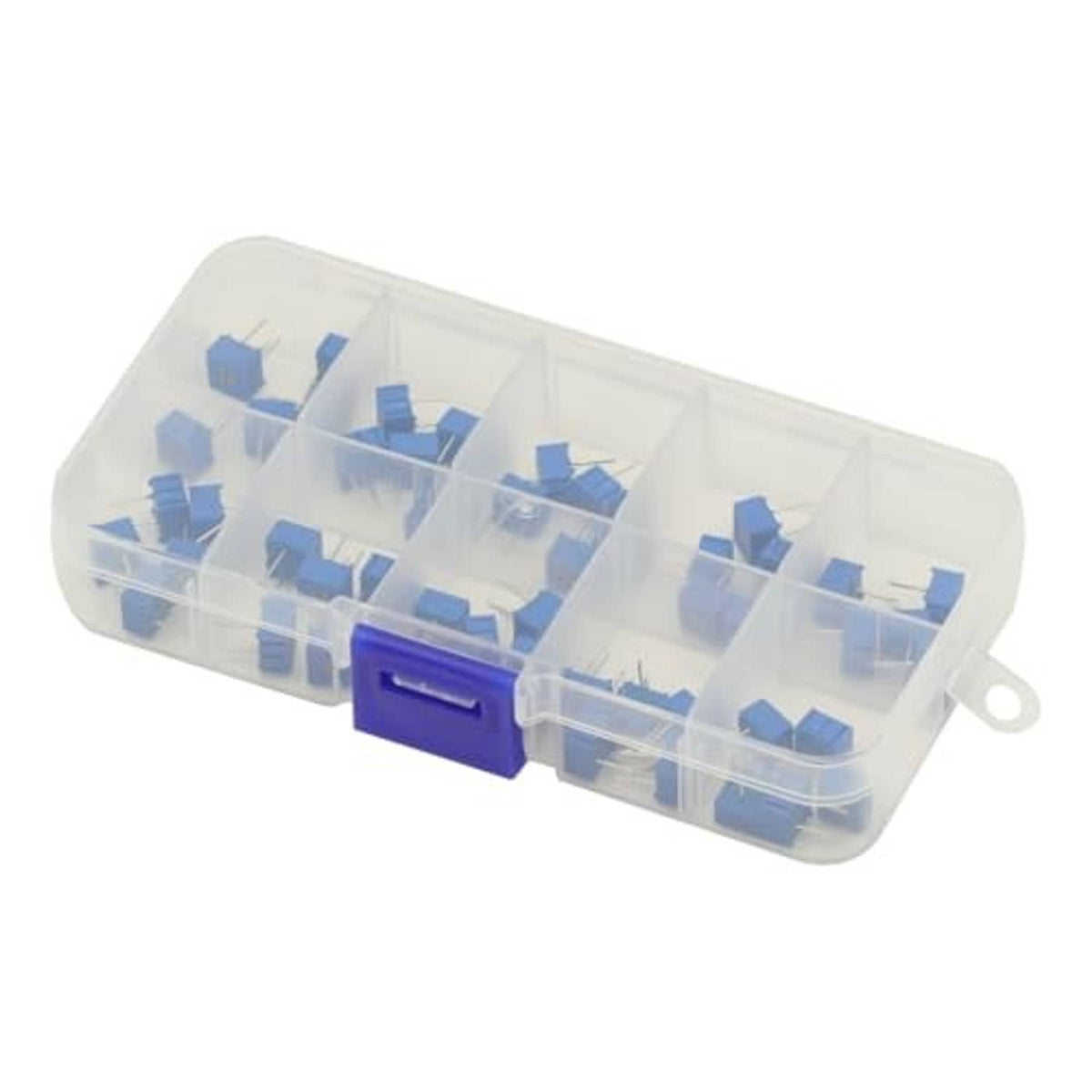 Small trimmer potentiometer kit case with blue 3-pin units and central blue latch
