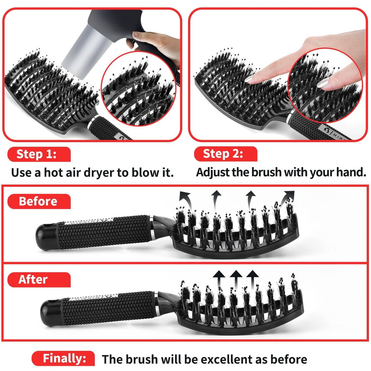 Paddle hair brush with black bristles and black textured handle
