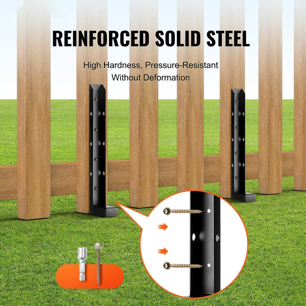 4-pack solid steel fence post anchors, black U-shaped plates with spikes