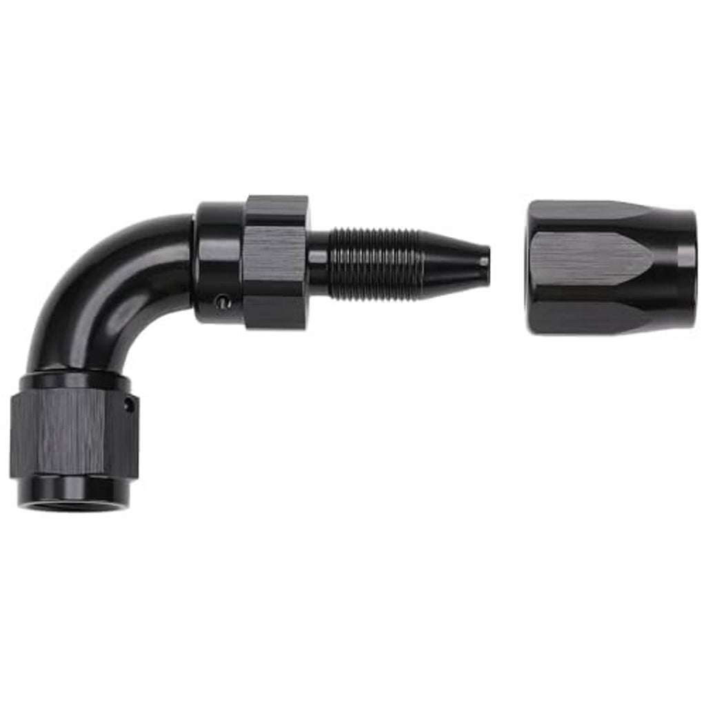 Black 90-degree AN hose end swivel fitting with visible male thread and elbow bend