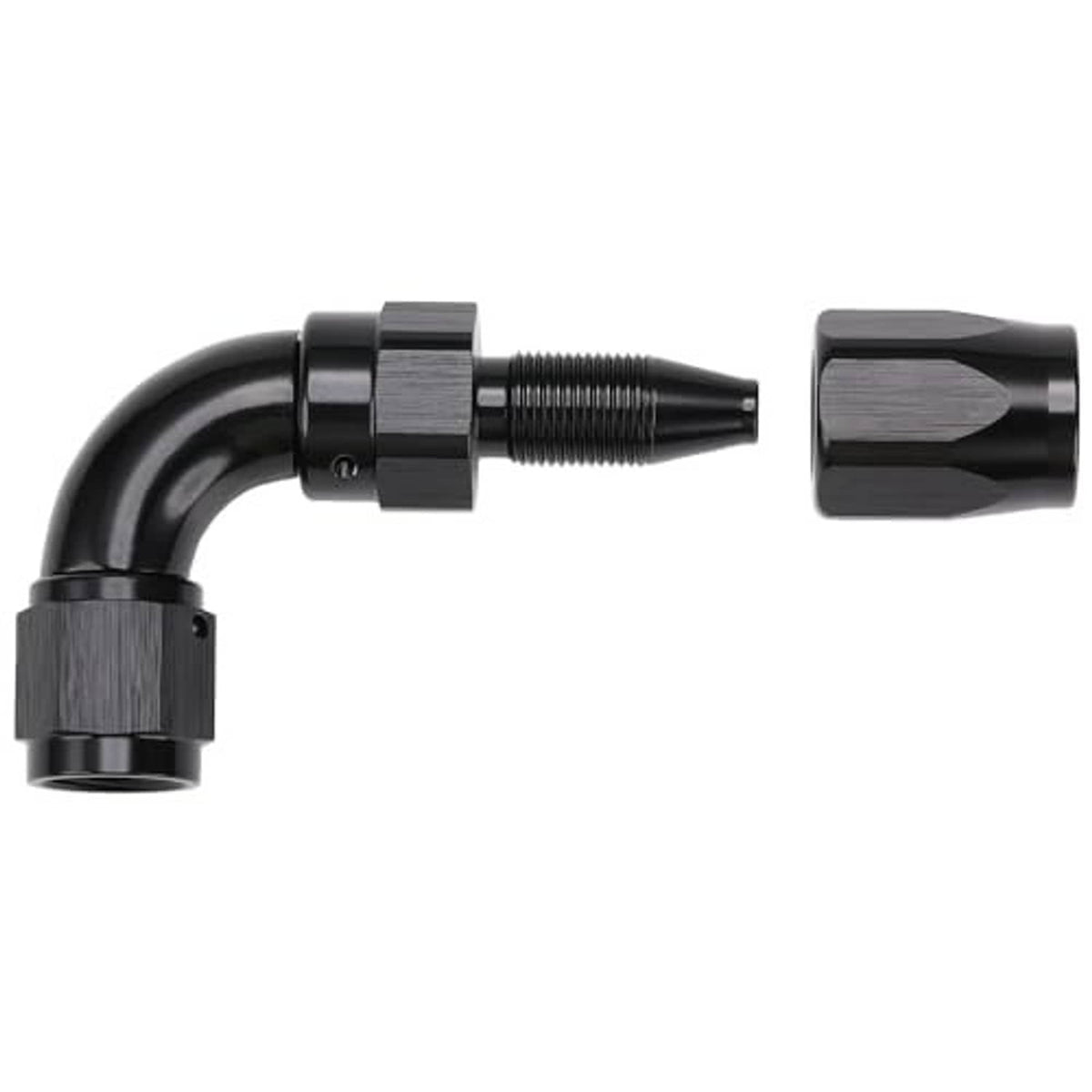 Black 90-degree AN hose end swivel fitting with visible male thread and elbow bend