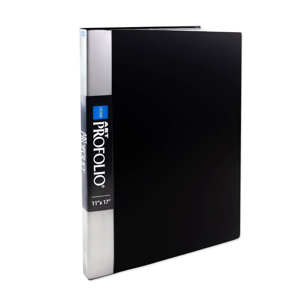 Itoya art portfolio with black cover and white spine, front view