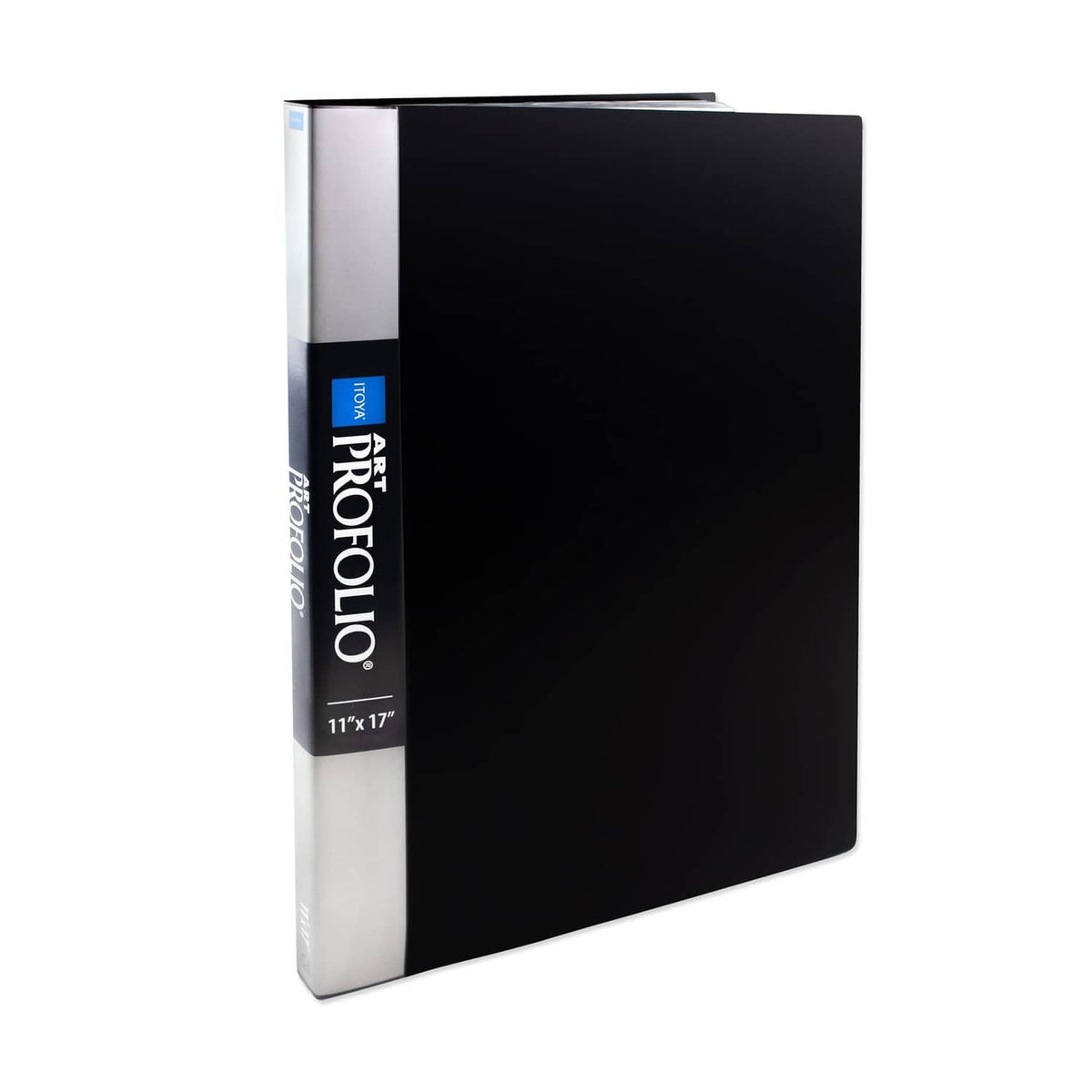 Itoya art portfolio with black cover and white spine, front view