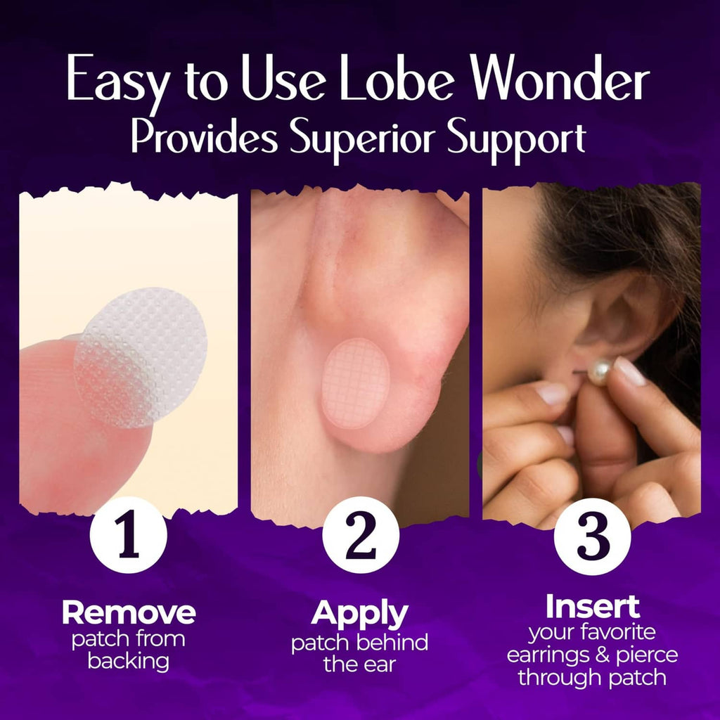 Clear ear support patch application steps: remove, apply behind, insert earring