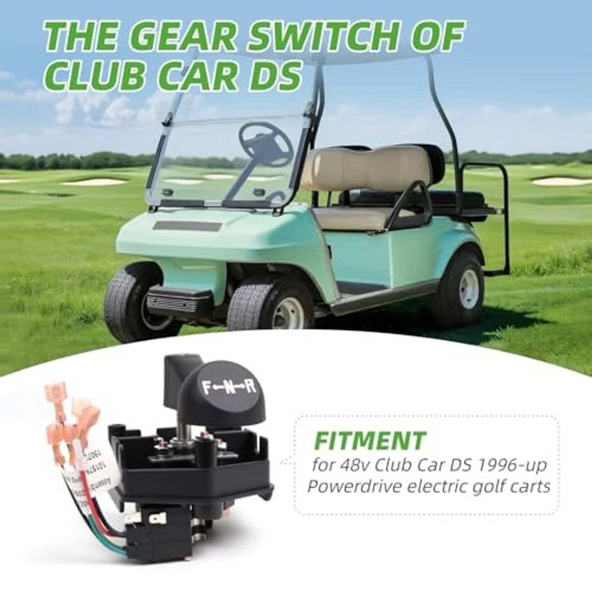 Golf cart gear switch with black handle marked F-N-R and connector wires