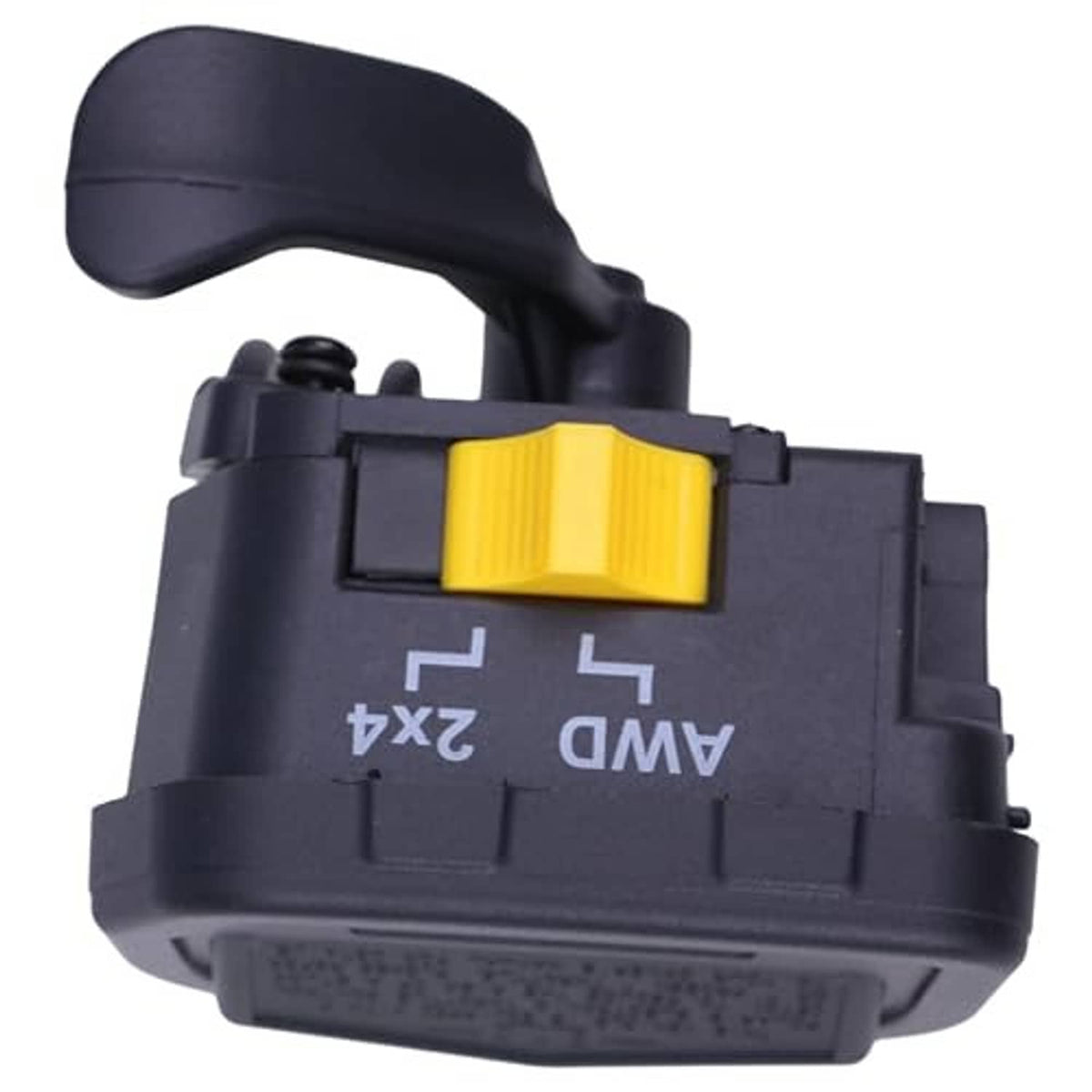 Thumb throttle lever top view with yellow switch bar and black housing