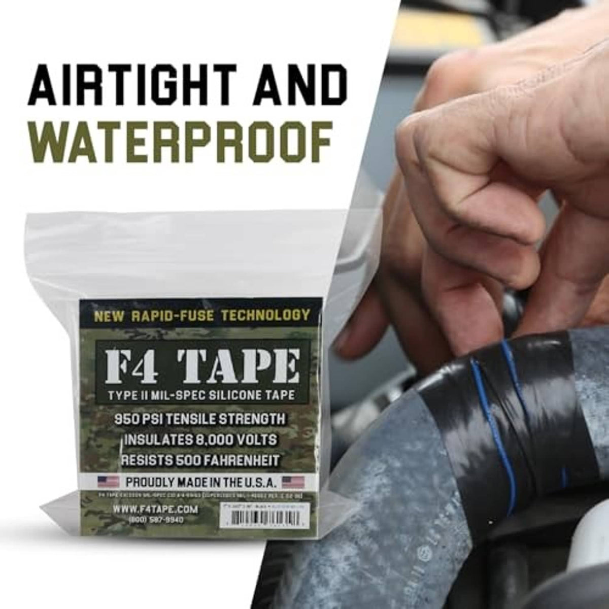 Black self-fusing silicone tape being wrapped by hand on a pipe